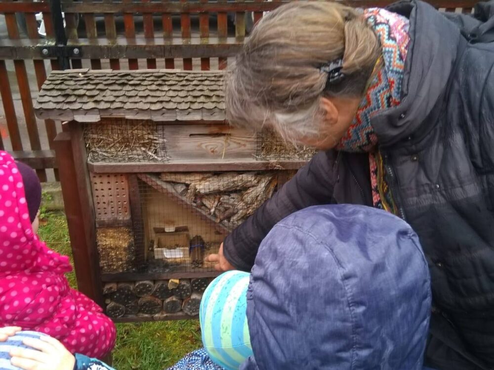 Eine Frau zeigt Kindern ein Insektenhotel.