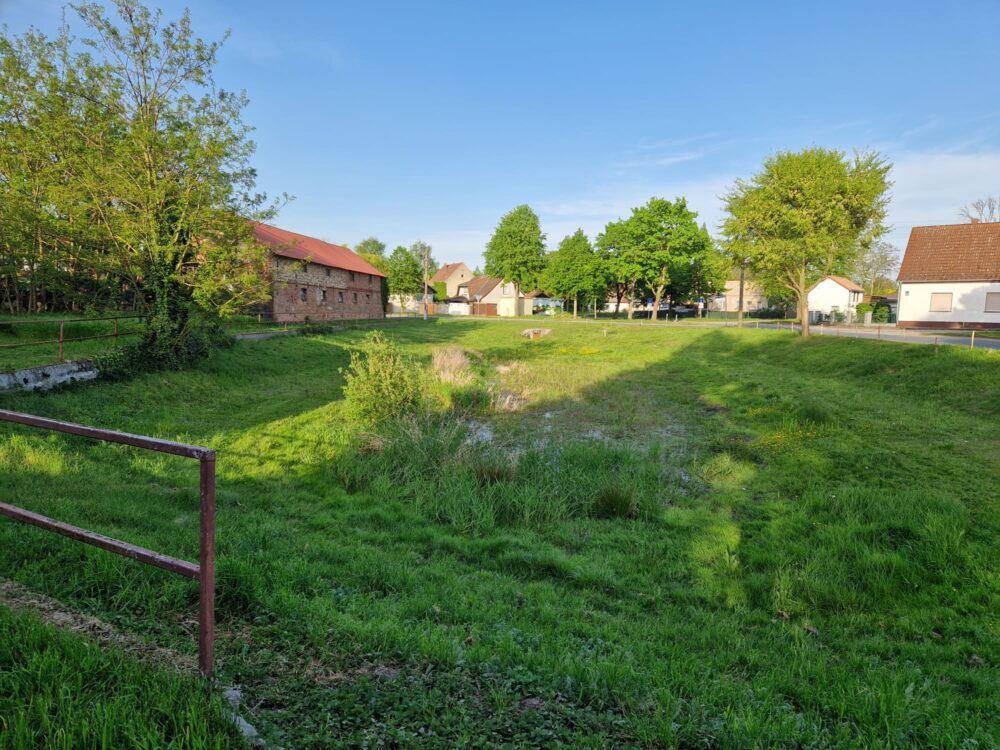 Blick auf einen Teich im Dorf.